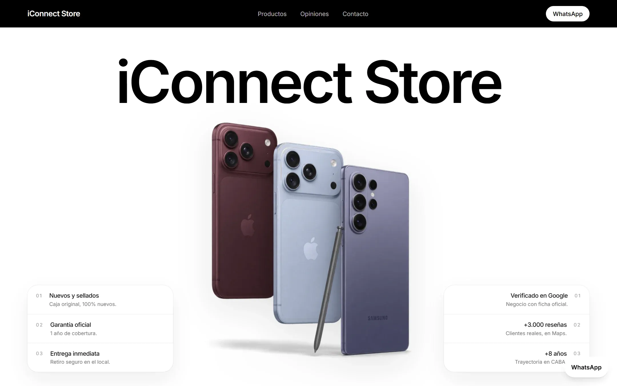 Inicio del sitio de iConnect Store con tres teléfonos y los datos de la tienda.