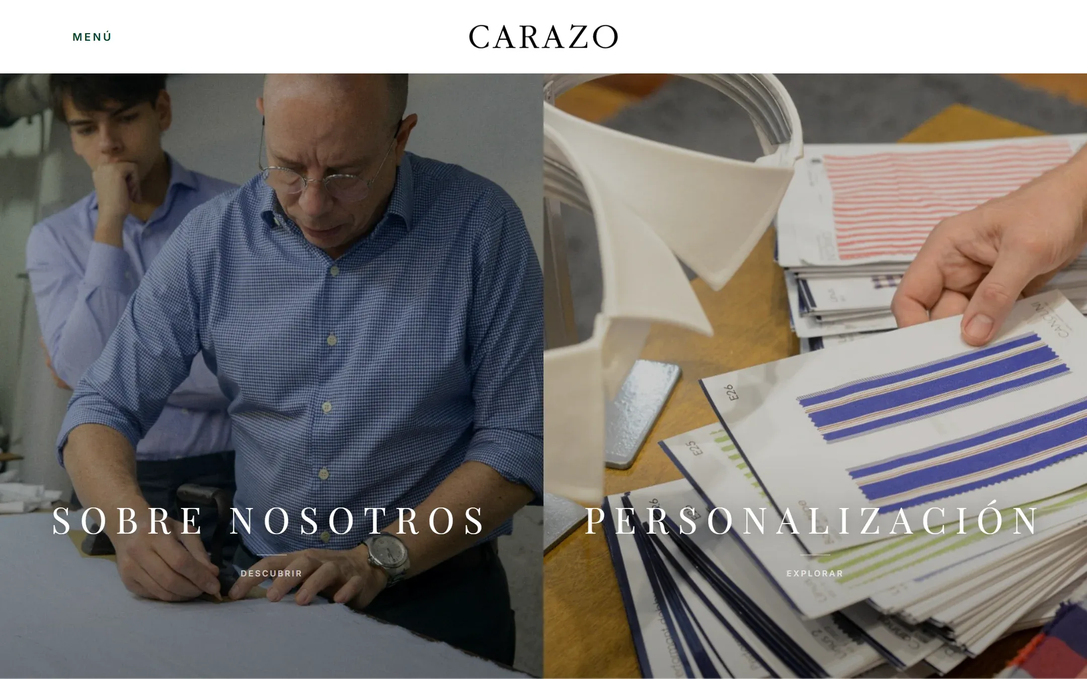 Inicio del sitio de Carazo: dos fotografías del taller con los accesos Sobre nosotros y Personalización.