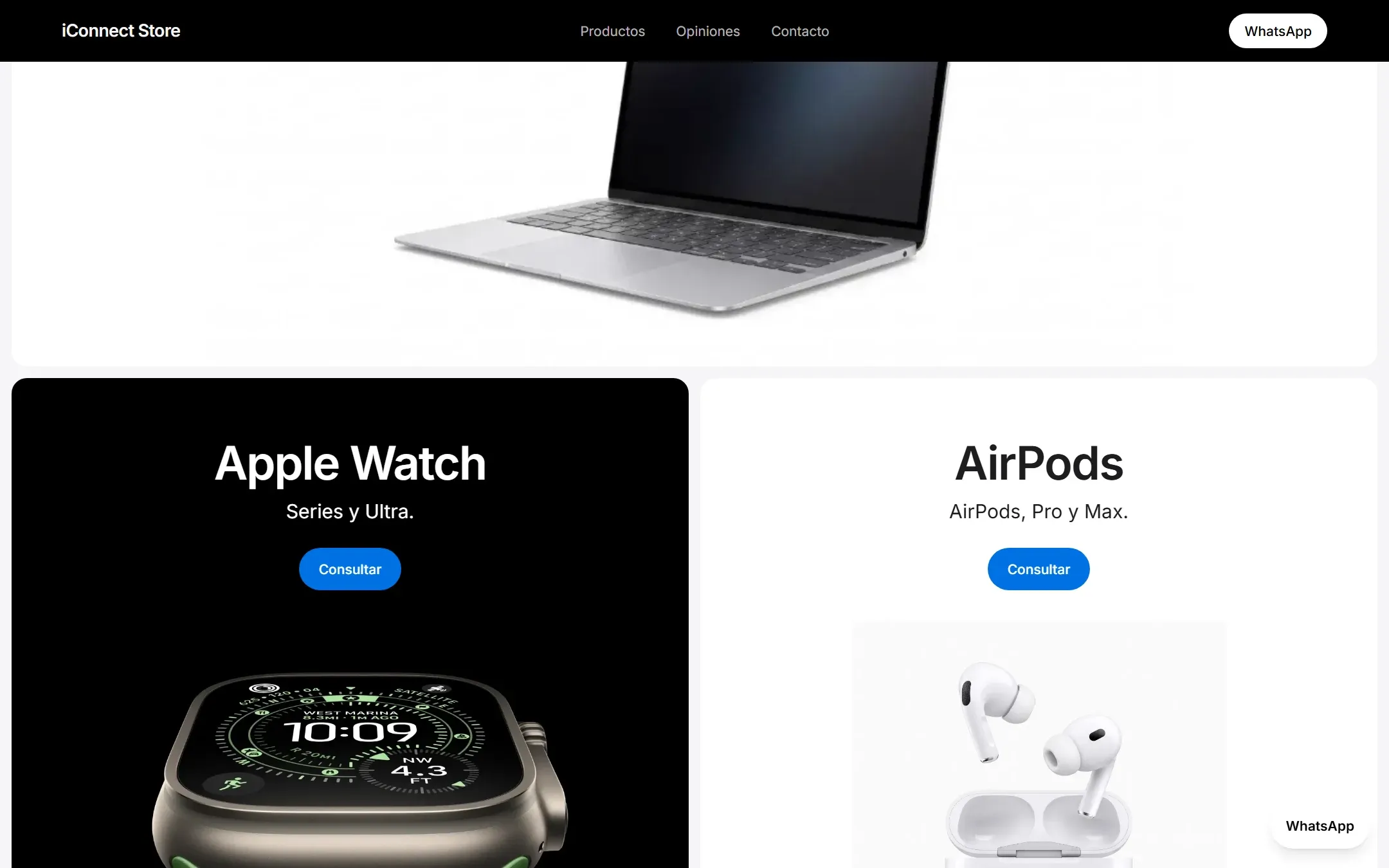 Secciones de Apple Watch y AirPods en el sitio de iConnect Store.