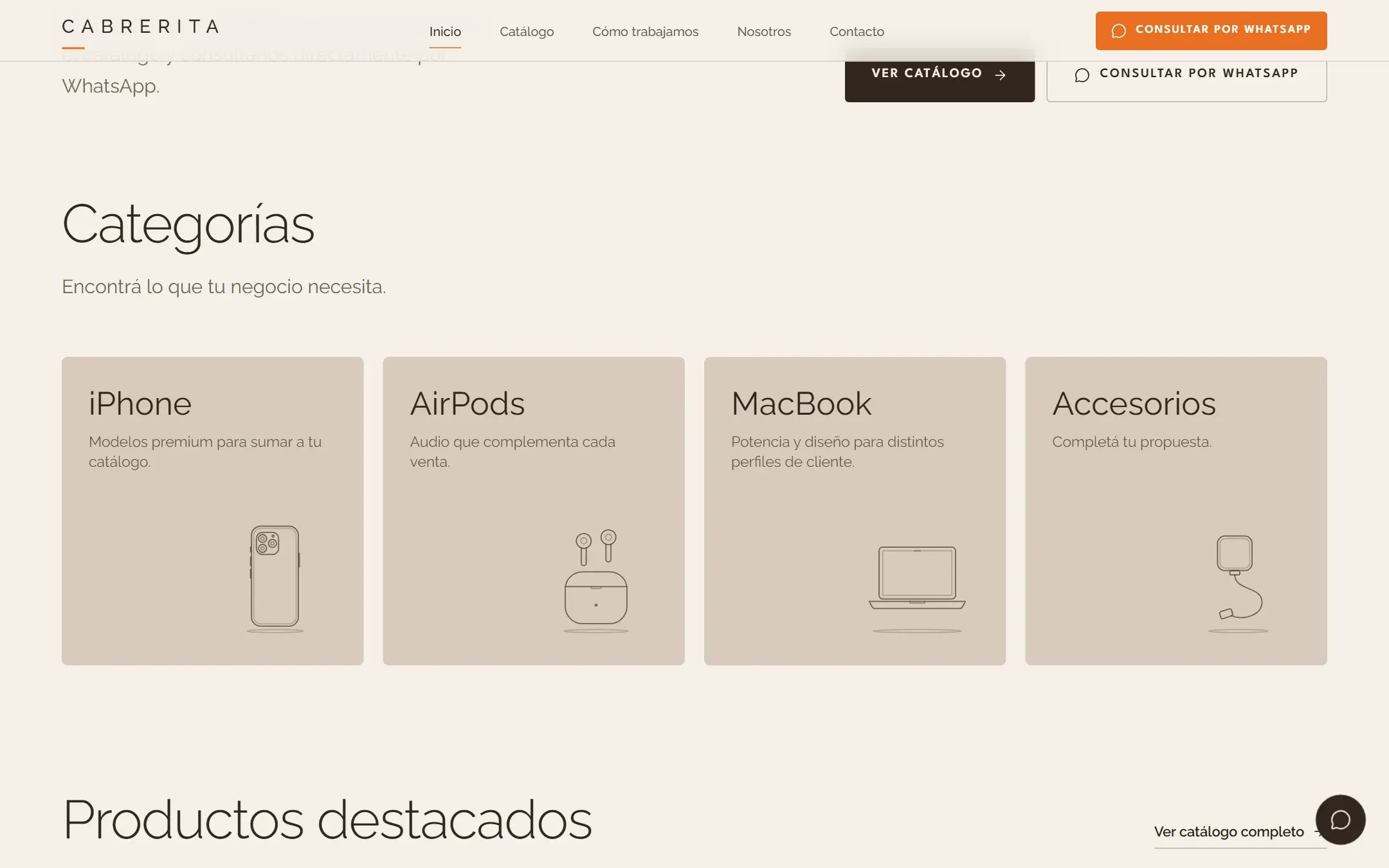Categorías de productos en el sitio de Cabrerita Store.