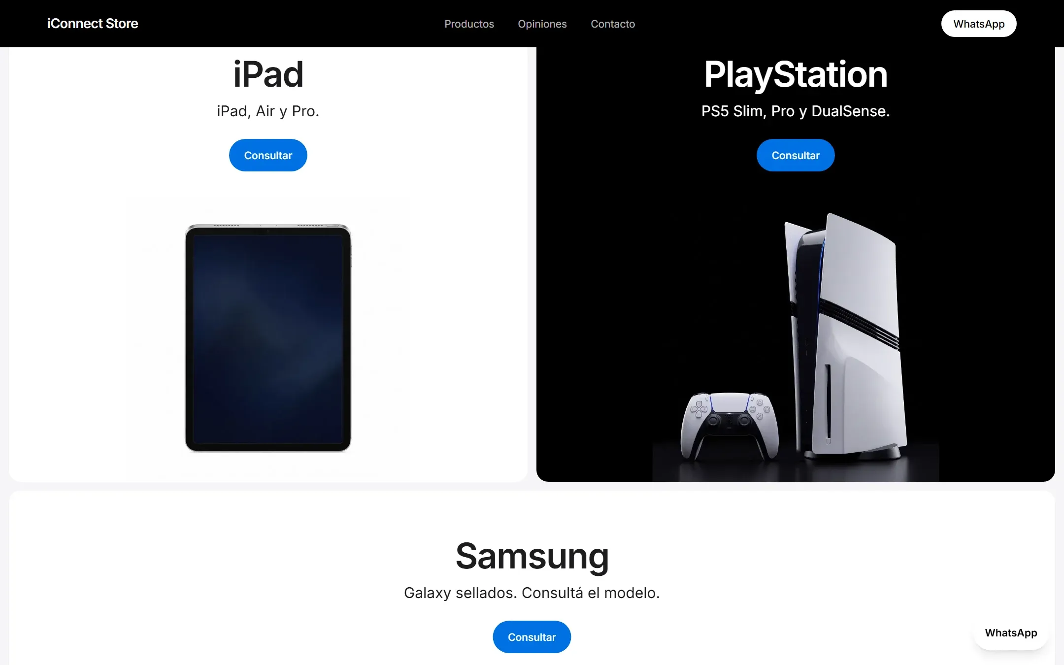 Secciones de iPad, PlayStation y Samsung en el sitio de iConnect Store.