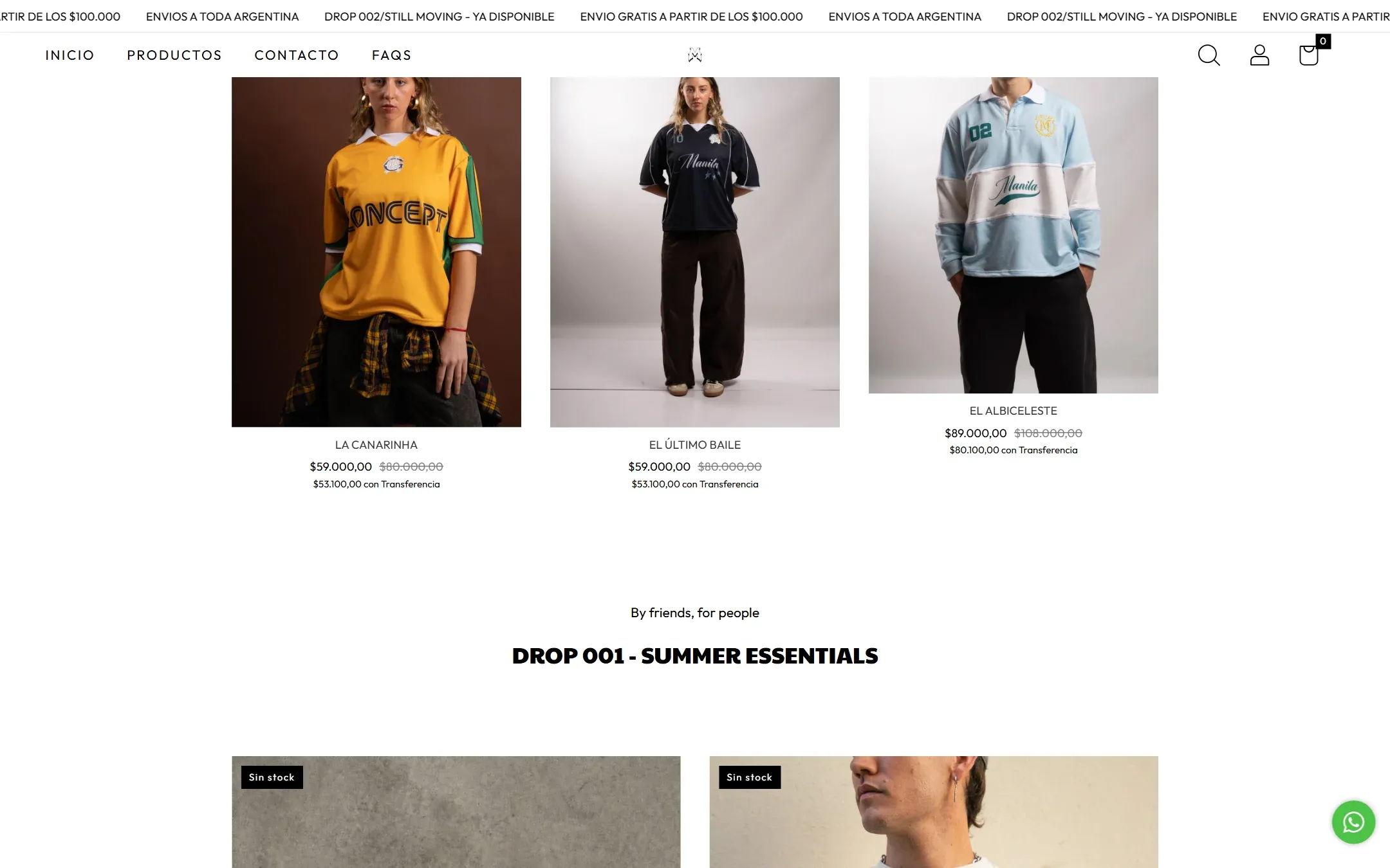 Productos destacados y colección Drop 001 en la tienda de Manila.concept.