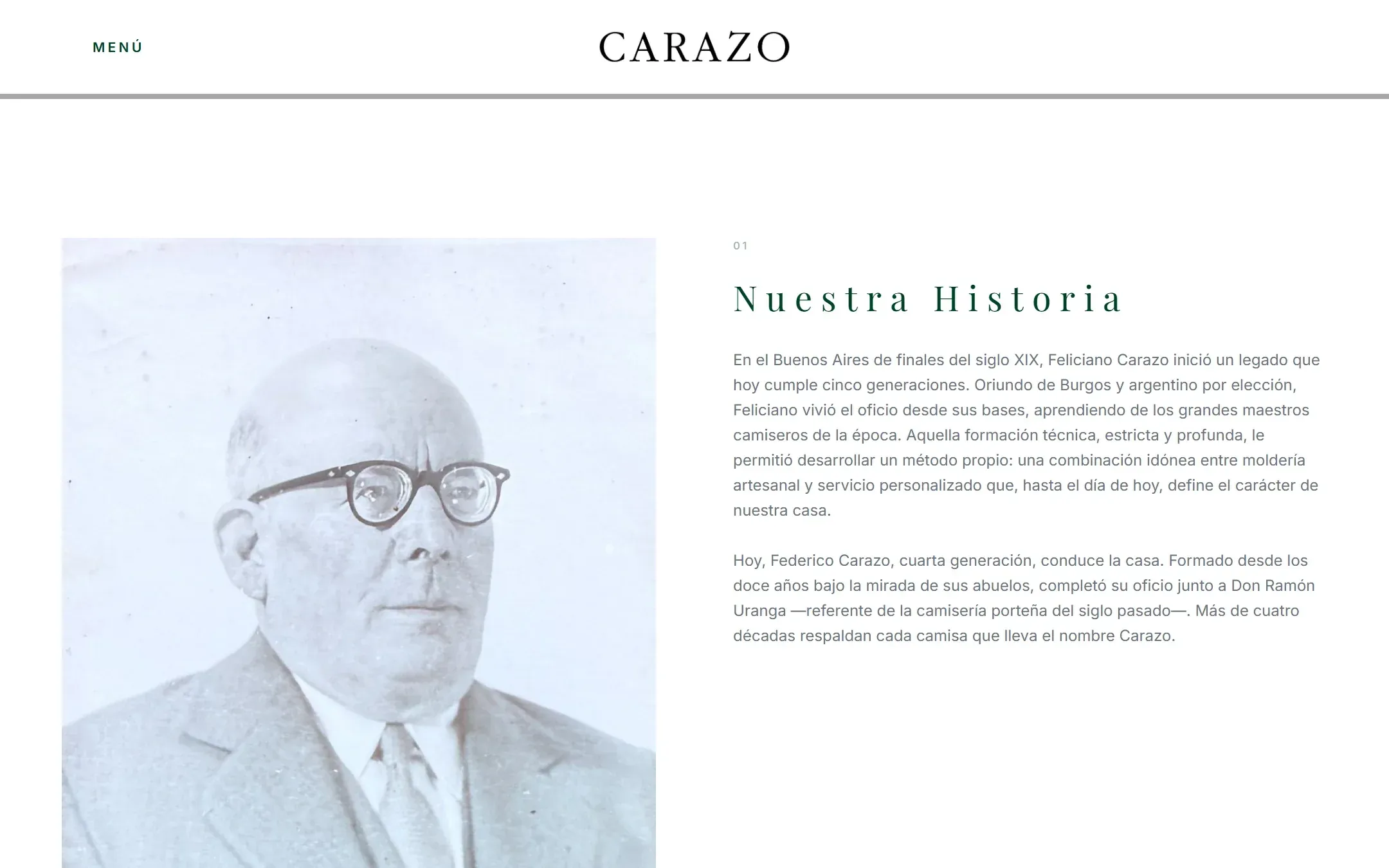 Sección Nuestra historia de Carazo con el retrato del fundador.