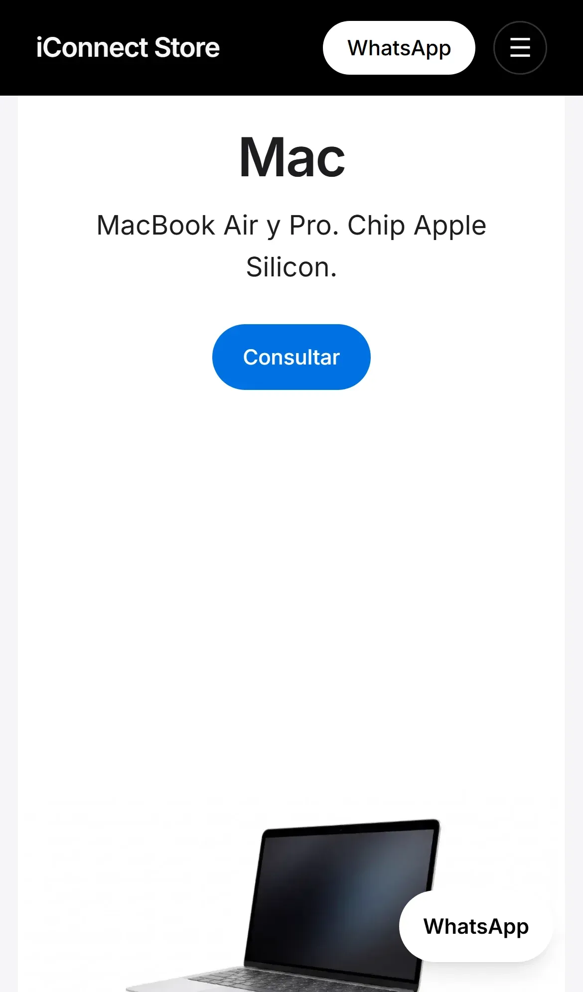 Sección Mac de iConnect Store en celular.