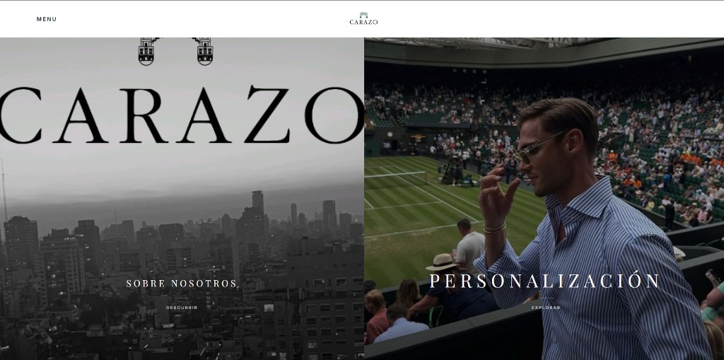 Sitio web Carazo: pantalla dividida con identidad de marca sastrería premium.