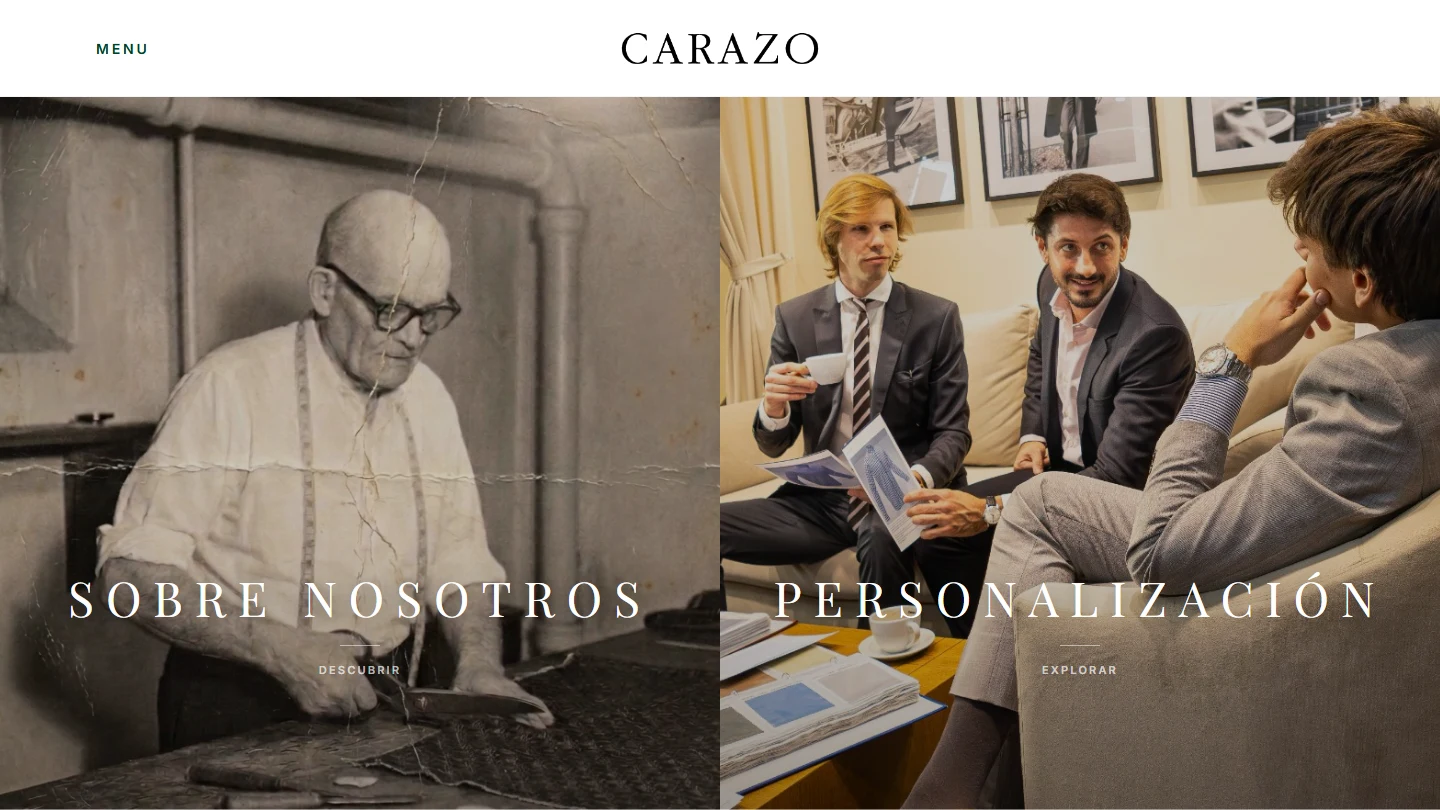 Sitio web Carazo: home con dos secciones divididas, Sobre Nosotros y Personalización.